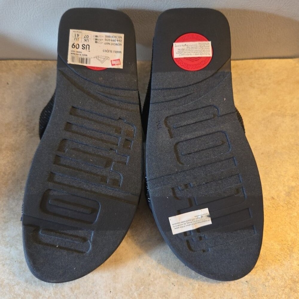 Sz 9 FITFLOP Sandals Lulu Marli Rhinestone Slide Wedge Navy Blue Sparkly 2" Heel - Picture 8 of 11